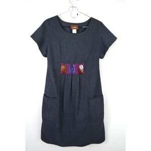 Vintage PRAIRIE Wool Gray Colorful Beaded DRESS artsy retro tweed indie